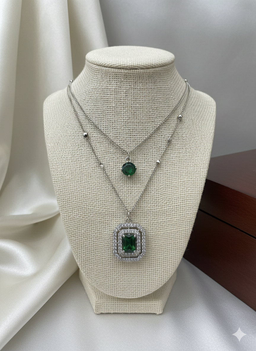 💚 Double Chain Square Emerald Stone Pendant 💚