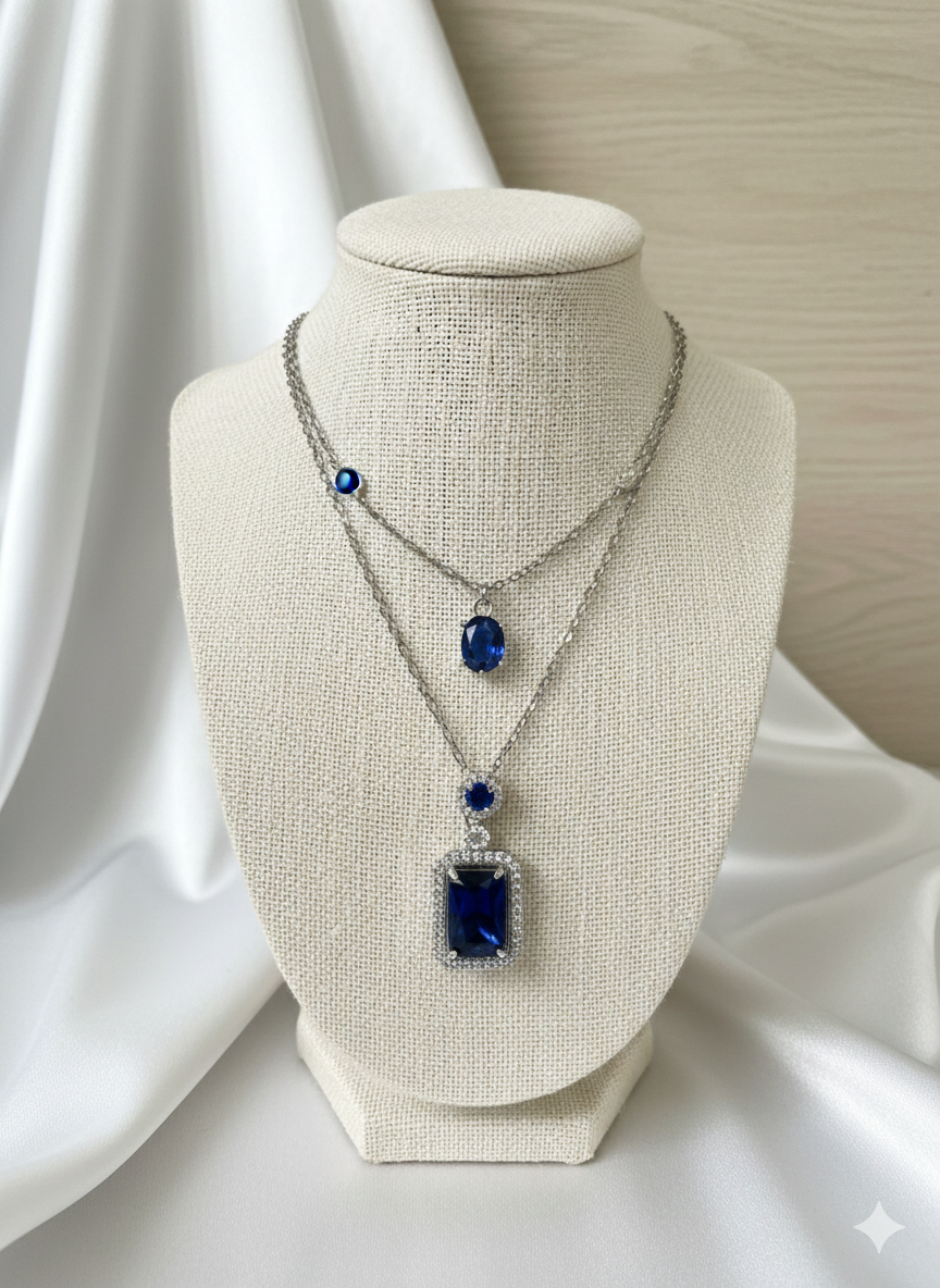 💎 Double Chain Rectangular Sapphire Stone Pendant💎